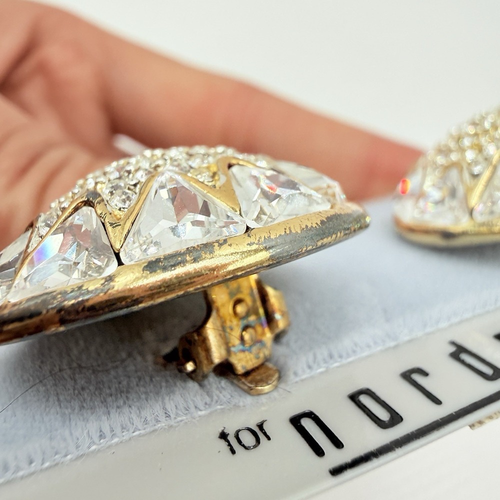 Vintage St. John Gold Tone & Clear Rhinestone Dome Button Clip Earrings READ - Picture 7 of 16